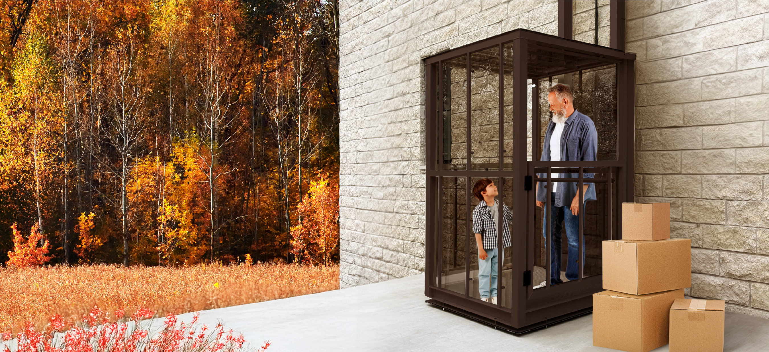 Father and son easily moving boxes using their Traveler passenger lift